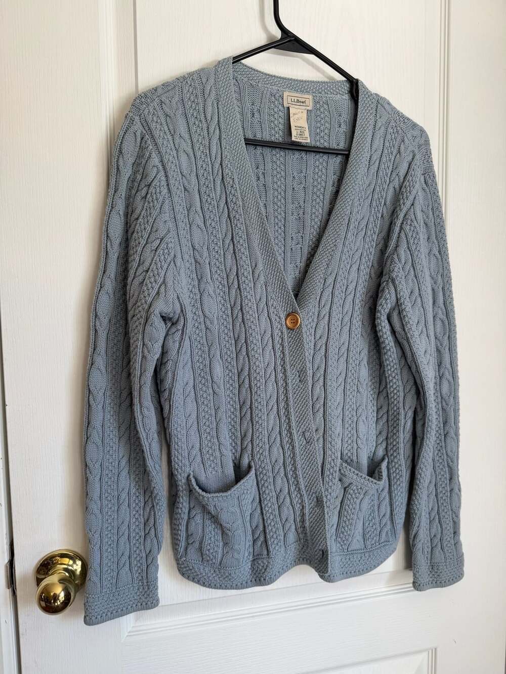 L.L. Bean Cotton Cable Knit Cardigan Size L-REG Light Blue